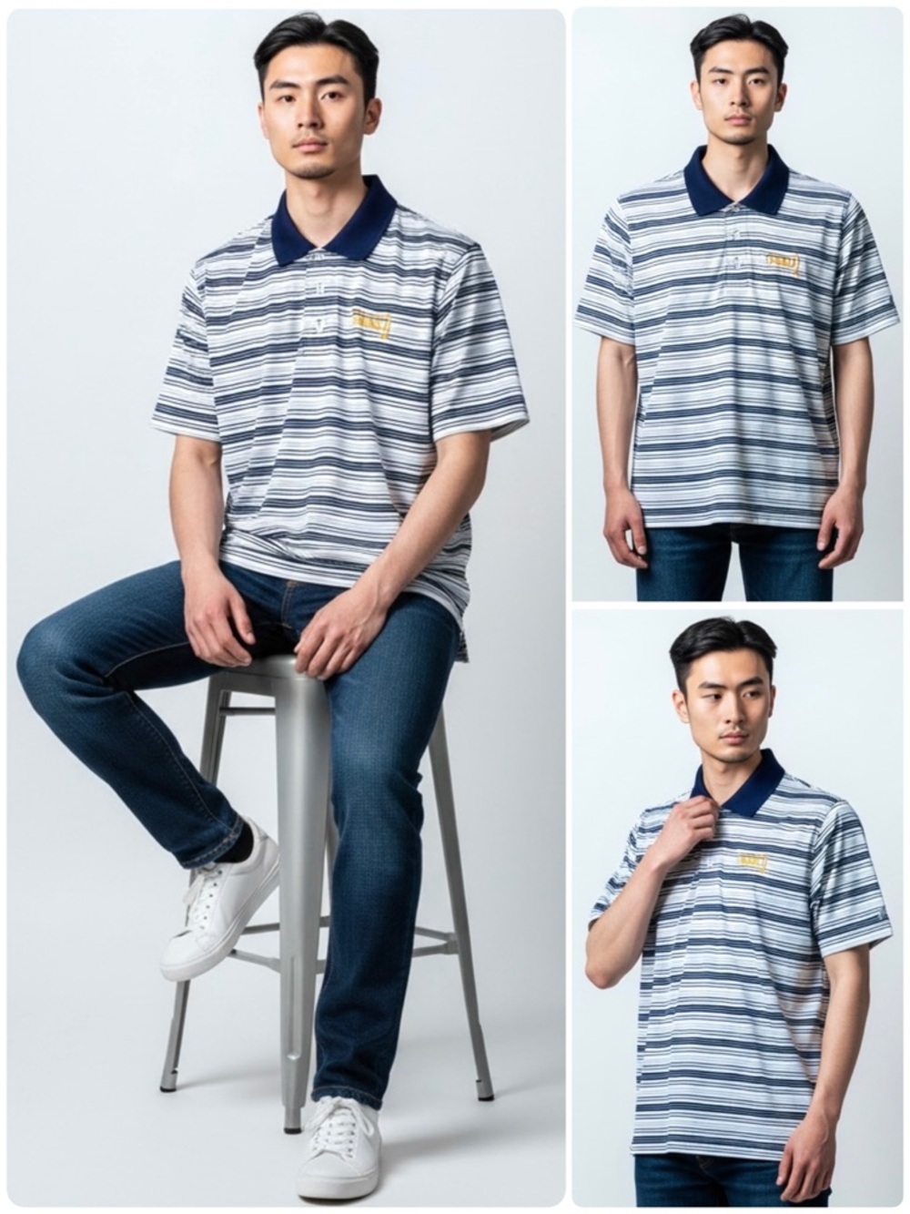Russell Athletic Golf Polo Shirt Striped Jersey Short Sleeves Stretch Navy/White